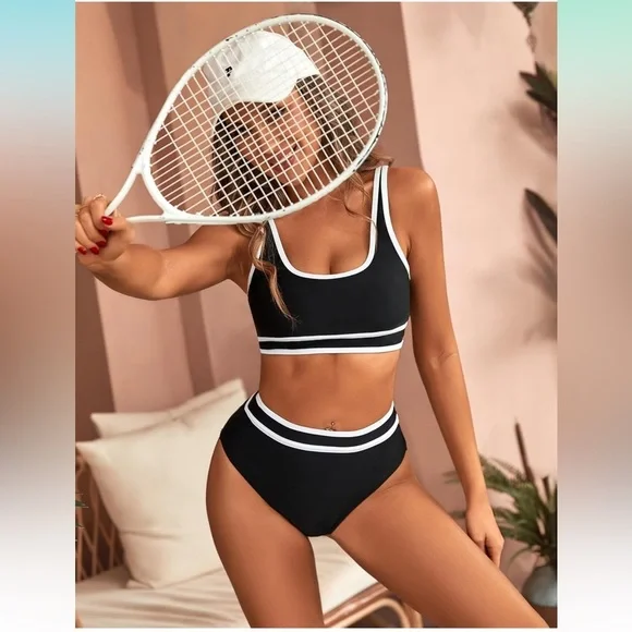 Black and White Women's high waisted Swimwear Set L NWT never - Picture 5 of 10